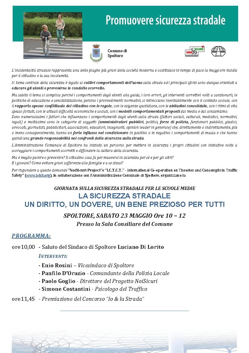 GIORNATA SULLA SICUREZZA STRADALE, SABATO 23 MAGGIO A SPOLTORE