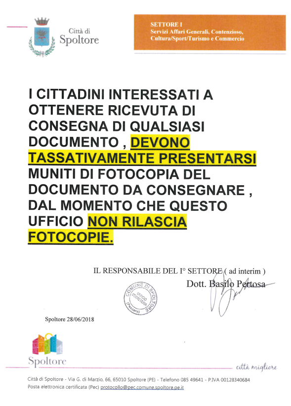 Comunicazione sulla consegna dei documenti in Comune