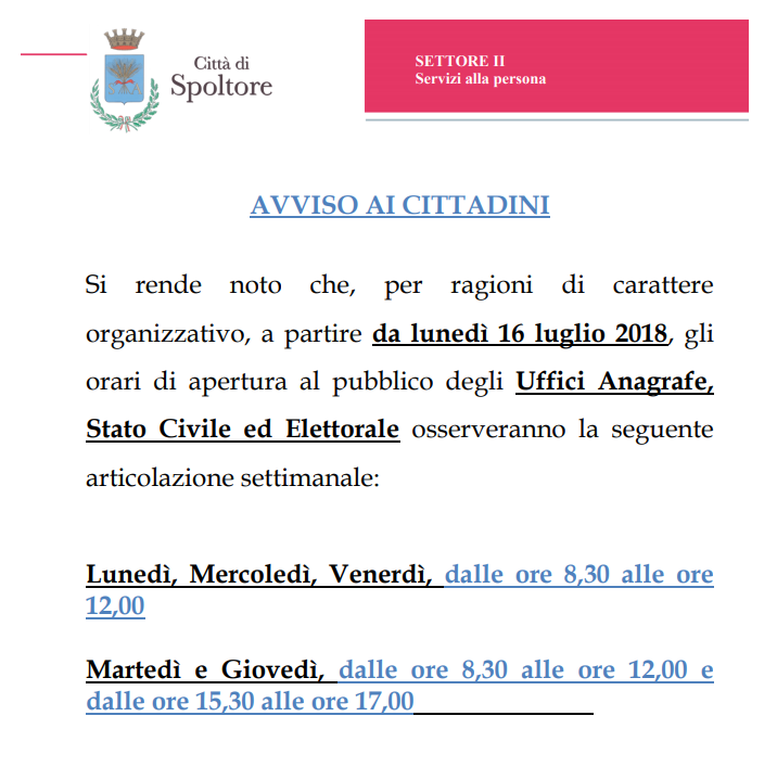 Nuovi orari per gli Uffici Anagrafe, Stato Civile ed Elettorale